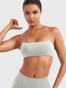 VOYJOY Women Spaghetti Strap Sports Bra Padded Low Support Seamless Impact Cami Square Neck Workout Yoga Bra Crop Top - 羽毛米 - 查看 5
