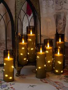2/3/5 velas sin llama con luces de cadena de estrellas, velas LED con temporizador y control remoto, adecuadas para decoración del hogar, boda, fiesta, iluminación ambiental para días festivos (Gris) - gris - Ver 6