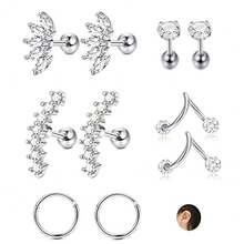 10pcs Stainless Steel 16G Ear Cuff Earrings, Unisex Spiral Small Hoop Earrings With CZ, Ear Cartilage Piercing Jewelry - Silver model - View 3