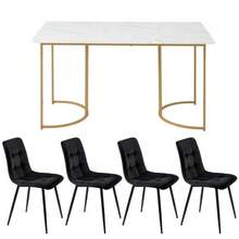 Dining Set (5 Pieces), Table And 4 Chairs, Modern Kitchen Set, 140*80cm Kitchen Table With Gold Metal Legs, White MDF Top, Black Velvet Dining Chairs - Black - View 6