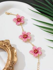 1件夏季度假风优雅粉色珐琅花朵造型女士手链，结婚礼物 - 粉色 - 查看 2