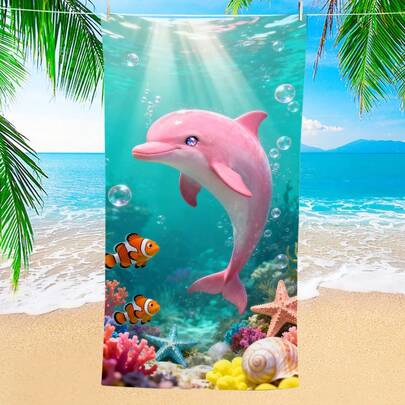 1 pieza Toalla de playa del mundo submarino de verano con delfín rosa - Super absorbente, fibra ultrafina, ligera, suave, de secado rápido, con protección UV, cómoda, adecuada para acampar, actividades al aire libre, fiestas de cumpleaños, viajes a la playa en verano