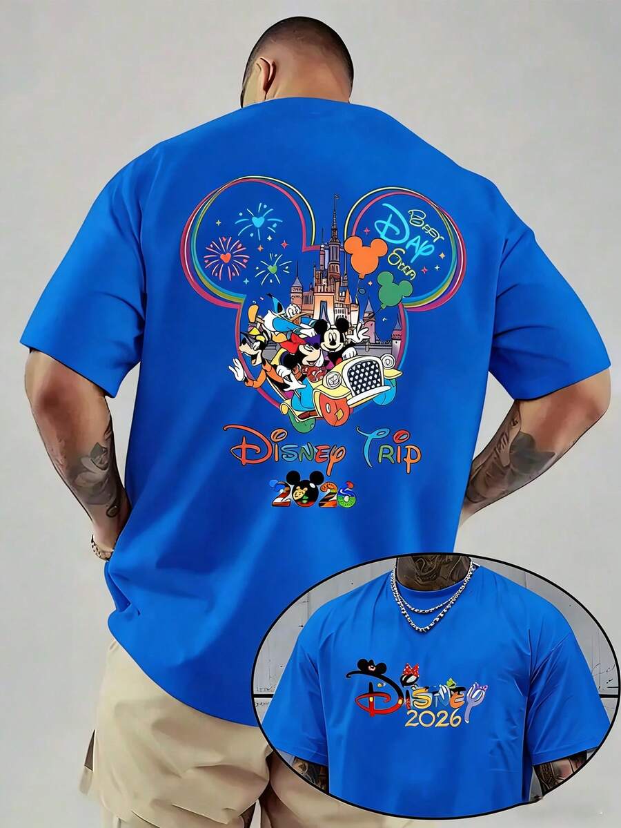 Disney Official Licensed 2026 Disney Trip Mickey Ears Castle Graphic T Shirts 100 Percent Cotton Disney Shirt 220g Cotton Crew Neck Unisex Tee - 藍色 - 查看 1