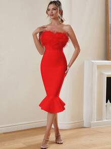 Furry Decor Bandage Bodycon Mini Dress, Suitable For Cocktail Party Wedding - Red - View 4