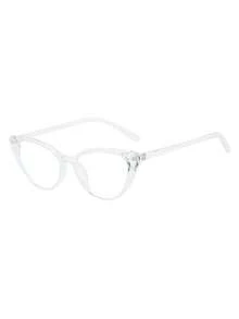 1副女士透明白色猫眼PC镜框复古纯色简约时尚透明镜片眼镜 - 透明白 - 查看 2