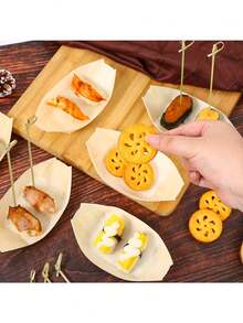 50pcs Wooden Boat-Shaped Trays, Suitable For Making Mini Food Plates, Desserts, Baked Goods, Appetizers, BBQ Party Decor. Perfect For Appetizers, Charcuterie, Snacks, Ideal For Parties, Weddings, Outdoor Gatherings, Home Entertainment - View 4