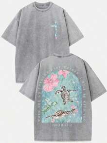 2026 Summer Clothes(230g T-Shirt) Loose Washed Cotton "When You Go Through Deep Waters" Turtle Graphic T-Shirt, Comfortable Christian Faith Tee With - 灰色 - 查看 5