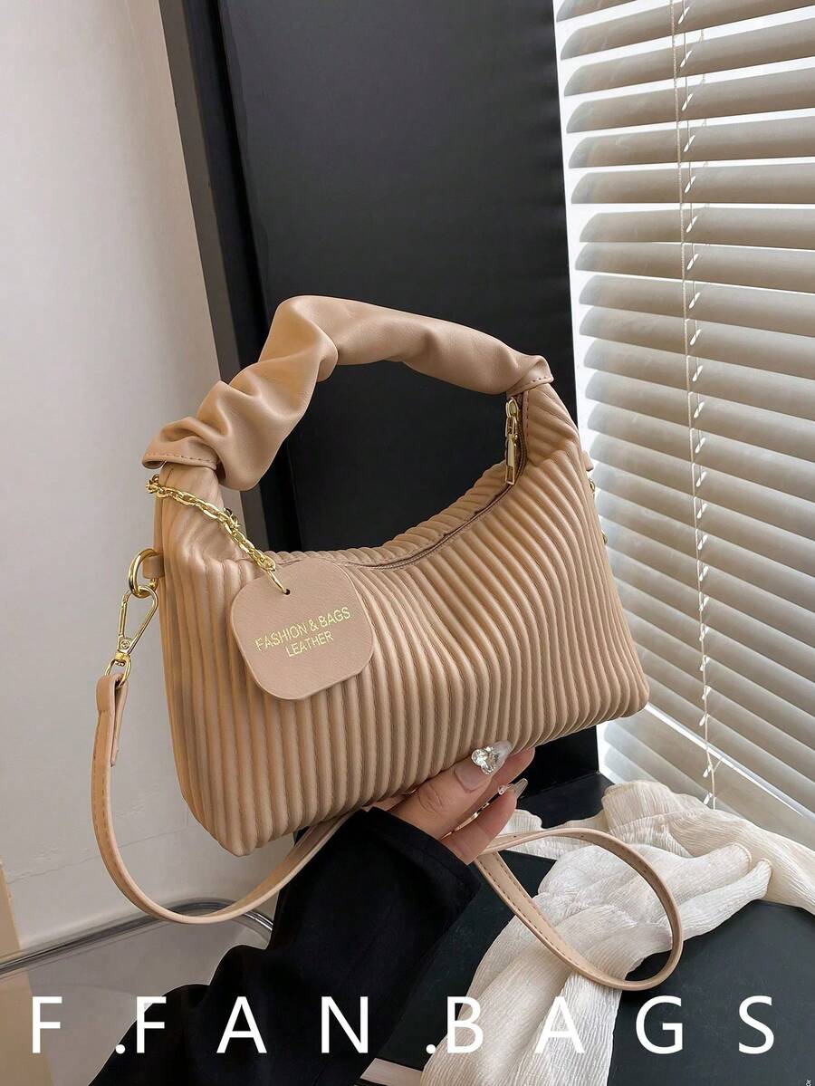 Bolso de mano minimalista y de moda con cremallera, conjunto completo de pliegues tejidos de PU, bolso de hombro mini portátil adecuado para mujeres, compras, citas, fiestas, regalo - Caqui - Ver 1