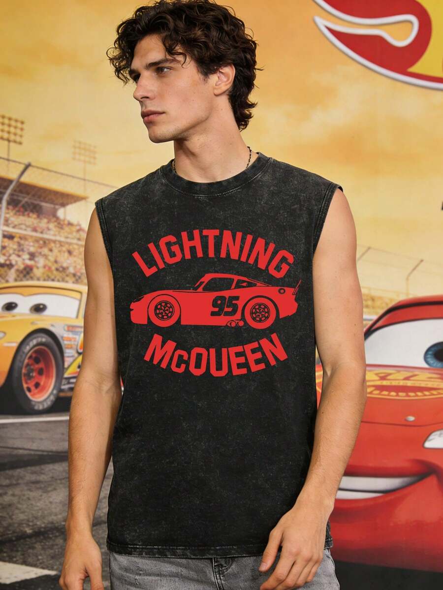 Disney Cars Lightning McQueen Silhouette Tank Top- New Men's High-Quality Printed Item - 230g Pure Cotton Washed Vintage Sleeveless V-Neck Top - Men's T-Shirt - Summer Casual T-Shirt - Casual T-Shirt - 黑色 - 查看 1