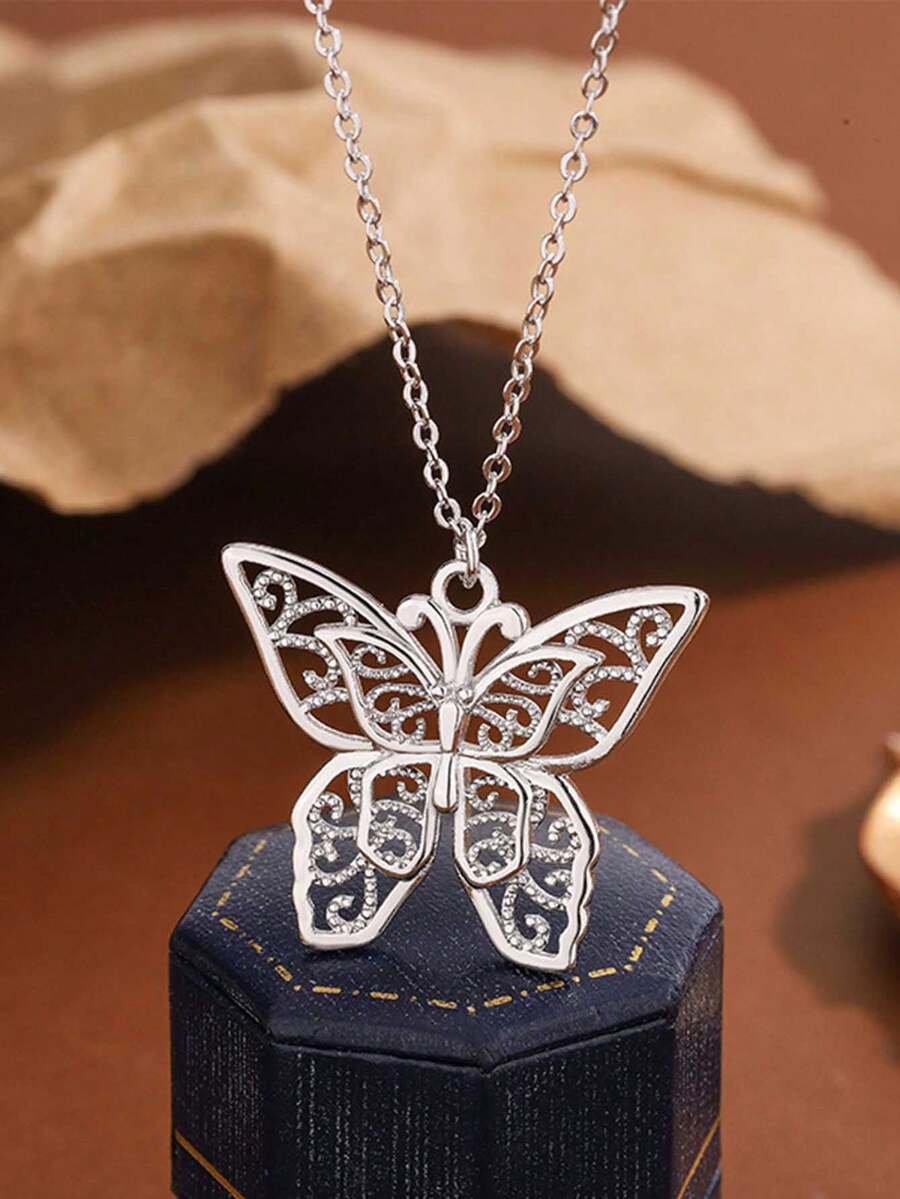 精致镂空动物蝴蝶几何吊坠项链，女士情人节礼物，锁骨链，毛衣链，珠宝 - 白色 - 查看 1