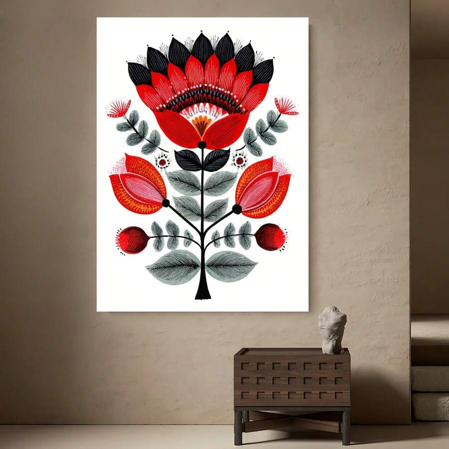 Framed 1pc, Including A Frame, Measuring  This Humorous Artwork Features A Manga Style Inspired By Nordic Folk Art, Showcasing A Red Flower Design. It Serves As A Botanical Poster Reflecting Polish  Decor - Đóng khung - Xem 1