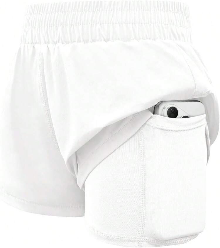 Girls Athletic Shorts Elastic High Waist 2 In 1 Shorts With Side Pockets Running Workout Sports For Teen Kids - trắng - Xem 1
