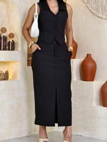 Elegant Vest And Long Skirt Set. Sensual, Casual, Cute. Knit Fabric. Pocket. Buttons Down The Front. Button Closure. Sizes P To GG (Sizes P To GG). Office, Vacation, Evening, Winter. Roma Knit Fabric. Luxury Set. - 黑色 - 查看 2