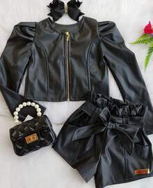 Children's Fashion Blogger Set - Leather Jacket With Princess Sleeves + Clochard Shorts - màu đen - Xem 9