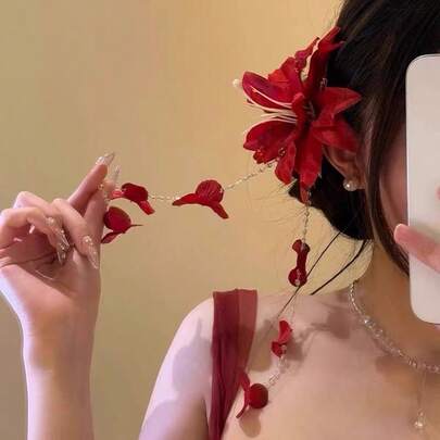 1pc Lily Hawaiian Flower Hair Clip, Women Tassel Floral Alligator Clip, Tropical Flower Hair Accessory For Summer Beach Vacation