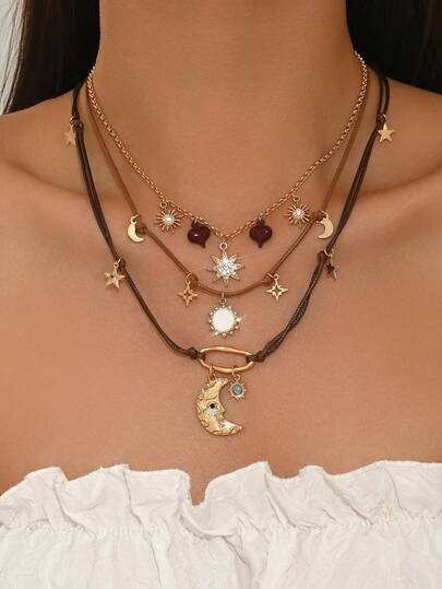 3件套波西米亚风日月心形多元素DIY绳编项链，含吊坠，手工饰品，适合搭配连衣裙、背心，是度假、派对、节日礼物的理想之选。由于纯手工制作，尺寸和形状可能与产品图片略有不同，但不影响整体美观。树脂经过着色处理，呈现出类似翡翠的效果，使每颗珠子的颜色和纹理都独一无二。