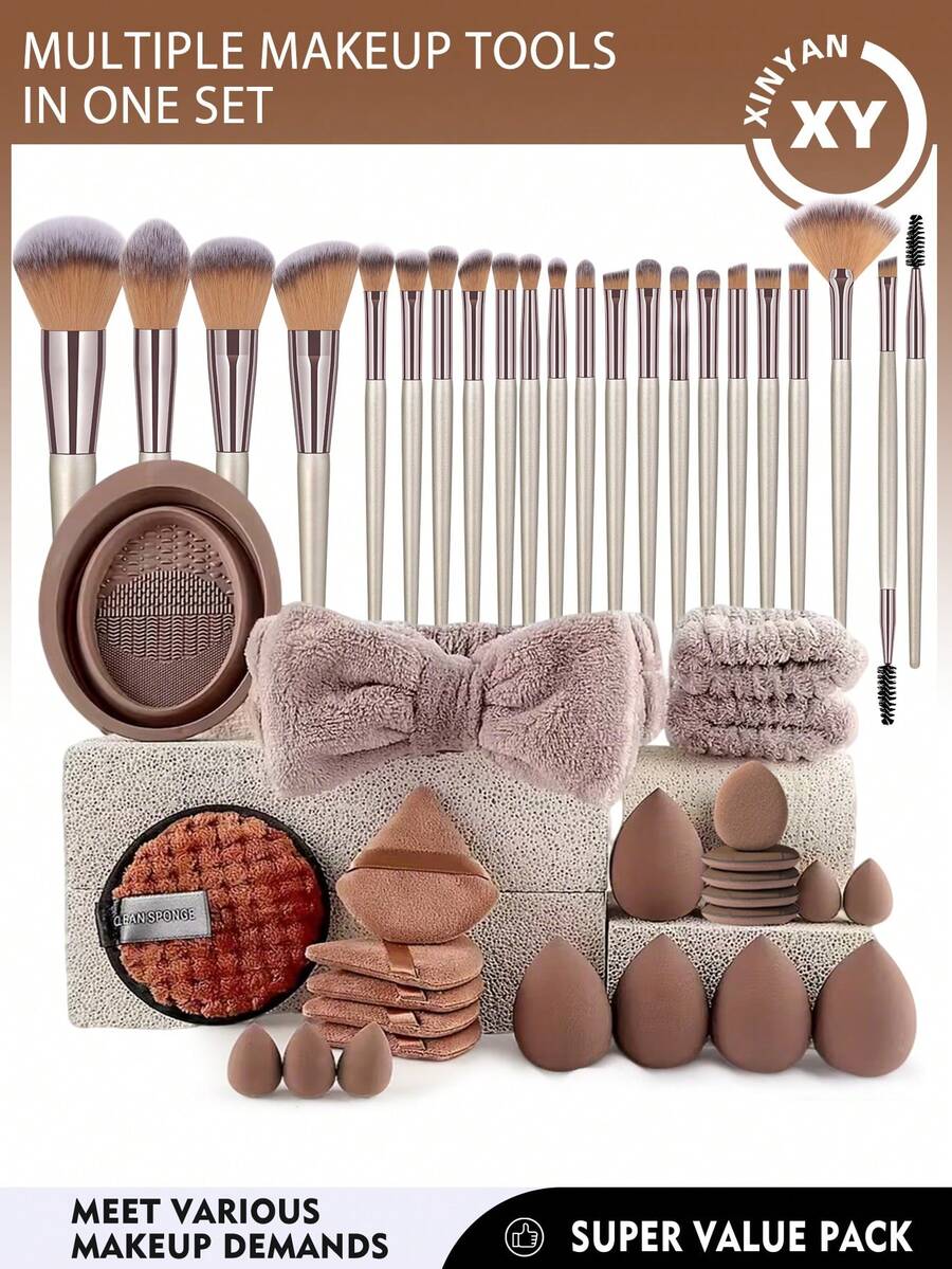 47件套化妆工具套装，包括：22支化妆刷套装+5个化妆海绵+5个迷你化妆海绵+5个三角粉扑+5个迷你气垫粉扑+1个发圈+2个手碗挂绳+1个化妆刷清洁工具+1个洁面海绵 - 棕色 - 查看 1