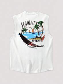 Open Phase 男士休闲圆领椰树冲浪主题印花背心，适合海滩度假和日常穿着，春夏皆宜。 - 白色 - 查看 4