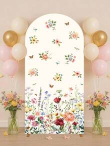 1pc Spring Floral Polyester Fiber Backdrop Cloth Set (Excluding Stand), Arch-Shaped Fabric Set With Butterfly & Wild Flower Pattern, Can Be Combined With Balloons For Decoration, Backdrop, Birthday Decor, Baby Shower, Anniversary, Gardening, Tea Party, Spring Party Decor - Flowers - View 3