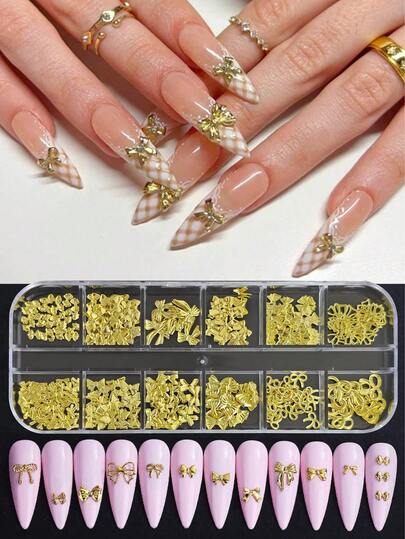 12 Grids Gold Ribbon Bow Knot Metal Cute Nail Decoration Nail Charms Ribbon Bow Design Mixed Styles Sizes Kawaii Japanese Style Nail Jewelry Accessories Nail Supplies For Home Diy Salon Nail Art Nails Nail Gems