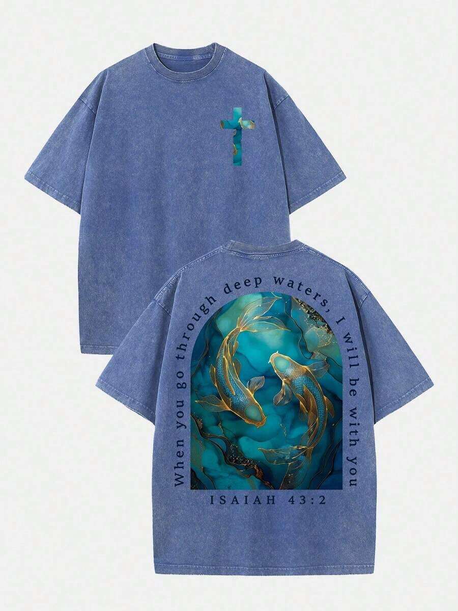 2026 Summer Clothes(230g T-Shirt) Loose Washed Cotton "When You Go Through Deep Waters" Turtle Graphic T-Shirt, Comfortable Christian Faith Tee With - 藍色5 - 查看 1