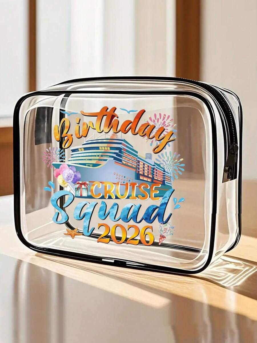 New Arrival! Large Birthday Cruise Print Travel Organizer Bag - Transparent Cosmetic Bag, Travel Essentials, Zipper Makeup Bag, Beach Style Clear PVC Makeup Bag - Lightweight Fade-Resistant Makeup And Toiletry Bag, For Women And Girls, Portable Cosmetic Case, Easy-To-Wipe Design, Modern Aesthetic | Fade-Resistant Material Travel Essentials Holiday Summer Back To School Supplies Toiletry Bag Waterproof Travel Makeup Bag - Multicolor - View 1