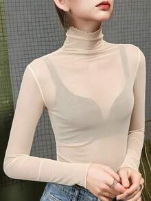 Blusa transparente de malla con cuello alto sexy para mujer, jersey ajustado de manga larga - Albaricoque - Ver 3