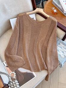 轻盈镂空长袖雪纺罩衫，时尚优雅薄款休闲宽松针织罩衫，女士夏季 - 棕色 - 查看 1