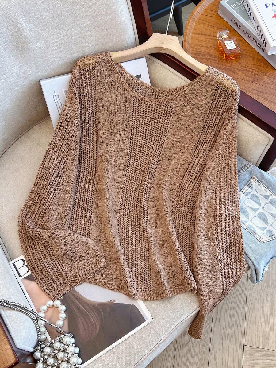 轻盈镂空长袖雪纺罩衫，时尚优雅薄款休闲宽松针织罩衫，女士夏季 - 棕色 - 查看 1