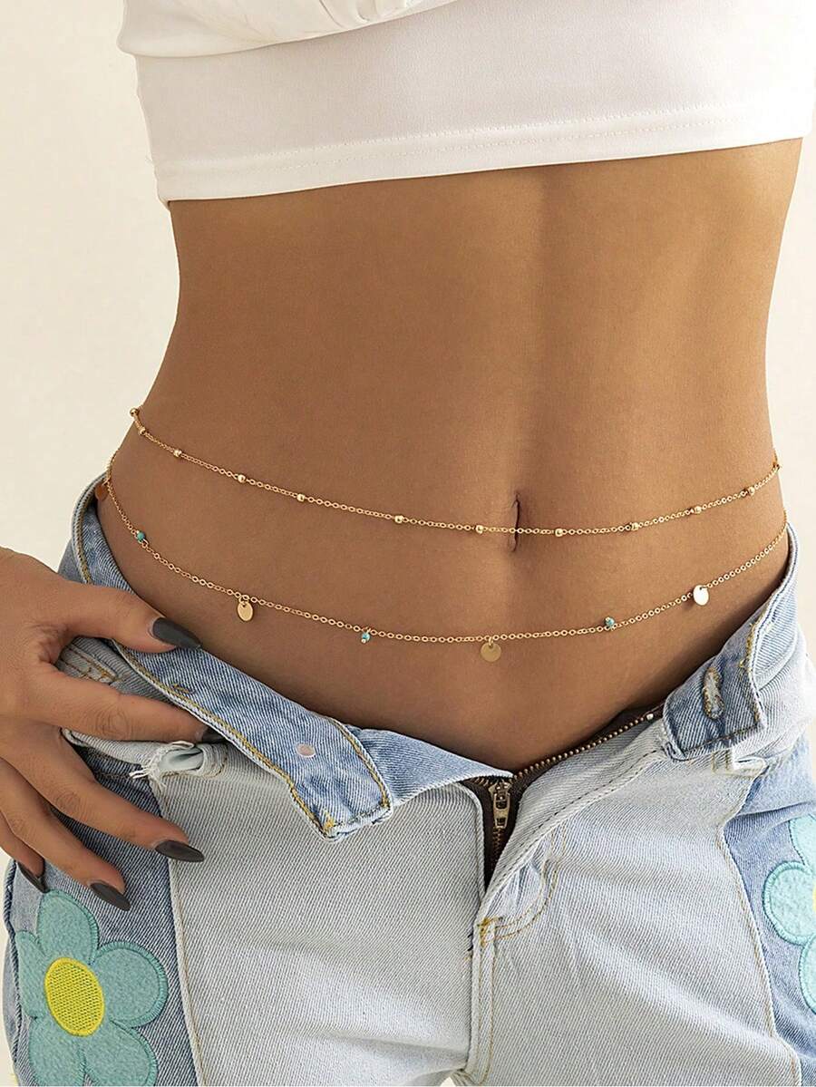2PCS Summer Round Turquoise Waist Chain, Metal Bikini Multi-Layer Waist And Belly Chain, Women's Jewelry, Beach Bead Body Chain - Gold - View 1