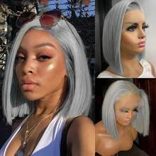 10-13 Zoll silbergrauer gerader Bob Perücke, 180% Dichte Echthaar Lace Front Perücke, vorgeschnittene natürliche Haaransatz, verstellbar, ohne Kleber, kurze wellige Bob Perücke für Frauen, aus US Lager versendet - Silbergrau - Übersicht 3