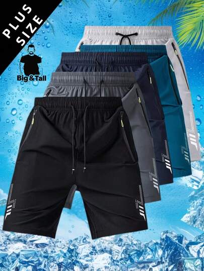Plus Size Men's Shorts, Summer Elastic Solid Color Straight Leg Bermuda Shorts With Zipper Pockets And Drawstring, Suitable For Sports, Running, Fitness Black