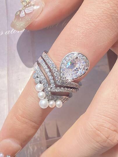 LIGHTSOME Juego de 3 piezas de anillos de joyería con corona de cobre falso y perlas para mujeres, con brillantes circonitas rosas y azules, anillo de dedo índice para boda, mejor regalo de joyería para el Día de San Valentín para la novia