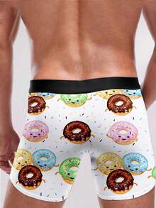 1条男士甜甜圈印花平角内裤，涤纶材质，可爱卡通图案，休闲家居服，适合日常穿着和作为零食主题礼物 - 白色 - 查看 2