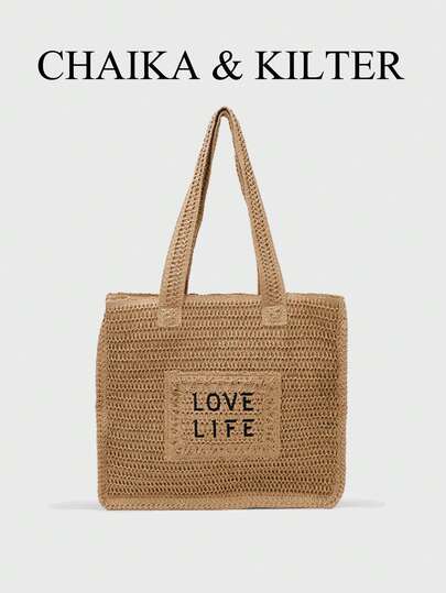 CHAIKA & KILTER 1pc Solid Color Straw Shoulder Bag, Women's Casual Vacation Style Large Capacity Tote Bag, Beach Bag With Letter Print And Dual Handles, Zipper Closure, Suitable For Daily Shopping, Commuting, And Vacation