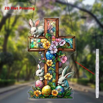 2D Acrylic Cross & Easter Bunny Colorful Hanging Garden Decor Light, Acrylic Decorative Plaque, Suitable For Year-Round Decoration, Can Be Used For Window, Wreath, Home, Garden Decor - Christmas, Valentine's Day, Easter