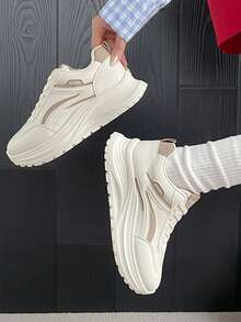 2026 New Spring Leather White Sneakers For Women, Versatile Thick Sole Casual Sports Shoes, Ins Net Celebrity Chunky Sneakers - Khaki - View 2