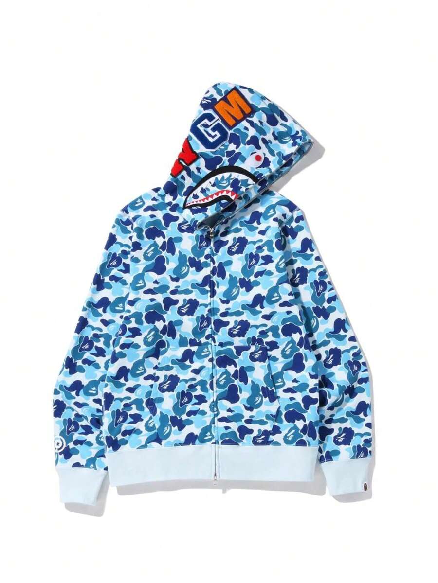 Bape A BATHING APE Shark Series Color Block Camouflage Zip-Up Hooded Sweatshirt For Men - 藍色 - 查看 1