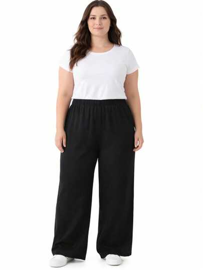 Calça Pantalona Feminina Plus Size  Boho  Casual    Bolso  Cordão    Diário