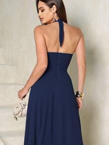 Glamrae Vestido de Elegante Longo Fluído Decote Gota Azul Marinho NM Nana Marie Madrinha de Casamento - Azul Marinho - Visão 6
