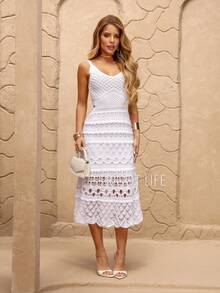 Women's Midi Dress, Knit With Lace, Party, Beach, Sophisticated, New Year's Eve, Christmas, Vacation, Beach, Wedding, Bridesmaid - 白色 - 查看 1