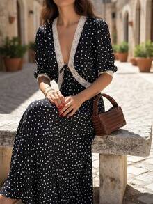 女士复古优雅波点蕾丝边连衣裙 - A字型V领长裙，日常时尚风格，蕾丝边设计，性感深V领，系带腰身，泡泡袖，度假风 - 黑色 - 查看 2