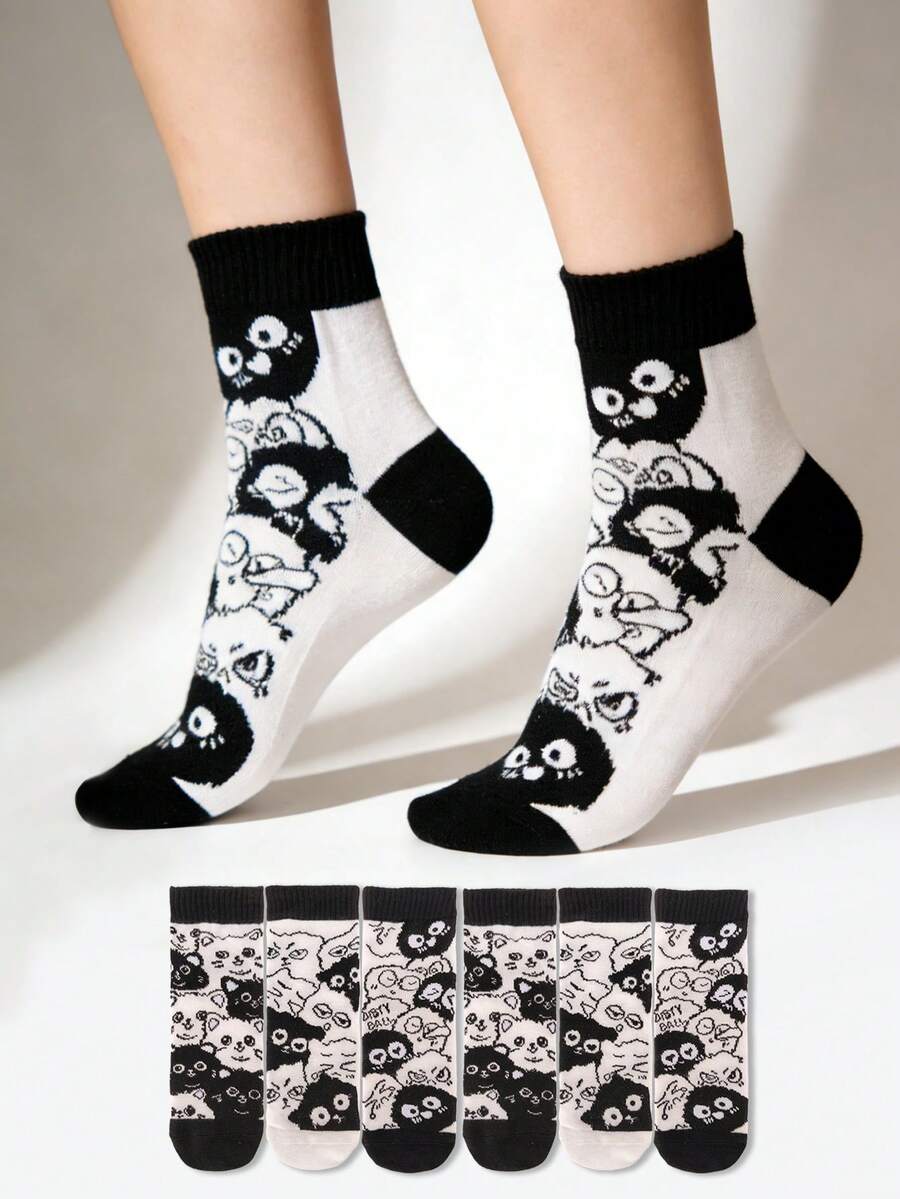 3/6双装 女士薄款卡通黑猫图案复古学院风短袜，适合校园日常穿着，春夏款 - 彩色 - 查看 1