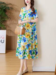 FANMUER Đầm midi in họa tiết phong cách boho dáng rộng thoải mái mới về cho nữ, thích hợp cho mùa hè. - Màu xanh lam - Xem 6