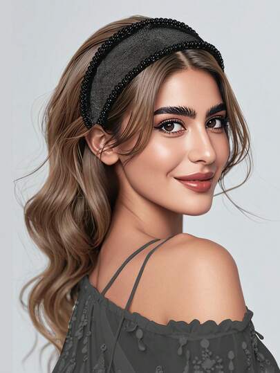 1pc Black Pearl Wide-Brimmed Headband, Minimalist Daily Wear Mesh Hollow Hair Hoop, Suitable For Festivals, Dances, Parties, Birthdays, Weddings, Casual Outings For Women