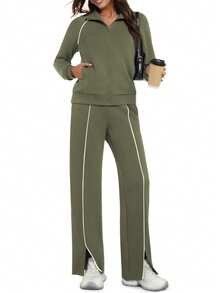 Women's 2 Piece Sweat Outfits Casual Lounge Zip Up Sweatshirt Wide Leg Jogging Pants Striped Track Suit Set - Olive Green - View 4