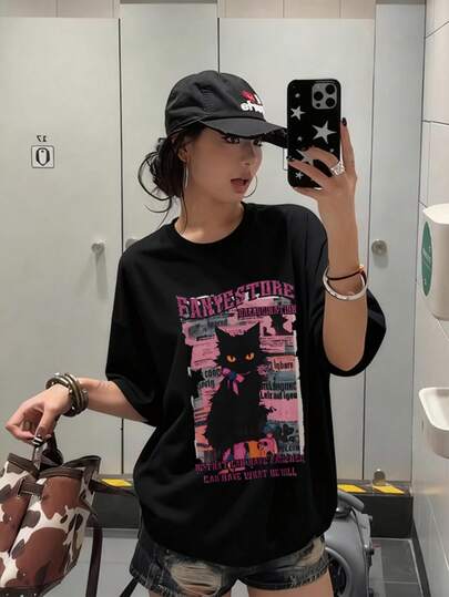 2026 Summer New Women's Round Neck Casual Loose American Color Block Cat Print Streetwear Y2K Fashion Versatile Short Sleeve T-Shirt, 1 Piece