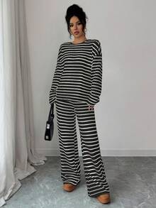 女士黑白条纹露肩长袖T恤和松紧腰条纹裤两件套，休闲、通勤、度假、波西米亚风春季套装 - 黑白 - 查看 3