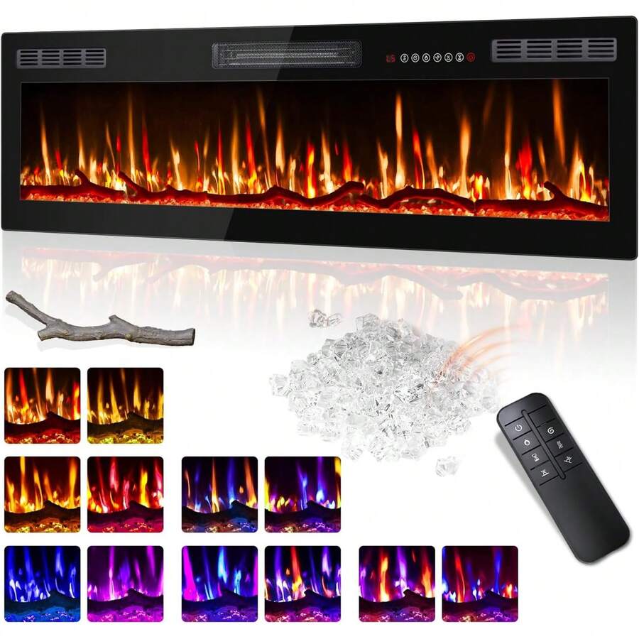 60"Ultra-Thin Silence Linear Electric Fireplace – Recessed & Wall Mounted Fireplace Heater With 12 Adjustable Flame Colors, Remote Control, Log & Crystal Options, 750W/1500W - 60inch - View 1