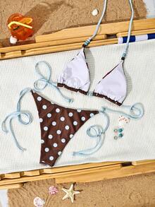 波点可爱系带比基尼，海滩度假夏季 - 咖啡棕 - 查看 5